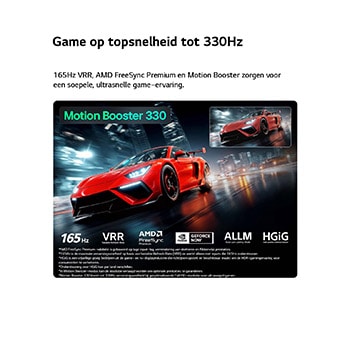LG Micro RGB evo AI MRGB96 met Ultimate Gameplay toont een levendige, snelle racescène met een vage vergelijkingsinzet die Motion Booster 330 benadrukt, terwijl 165 Hz, VRR, AMD FreeSync, ALLM, HGiG en GeForce NOW worden ondersteund.